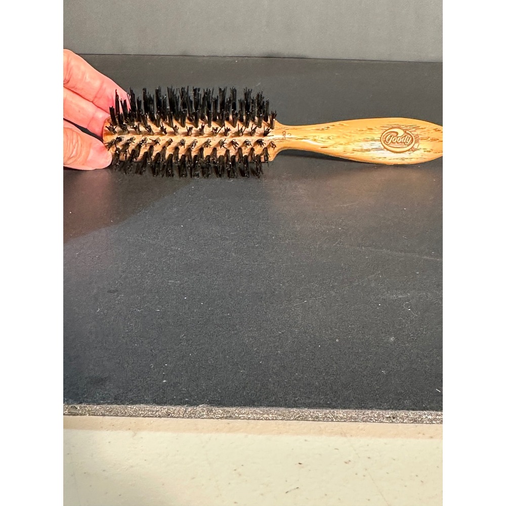 Vintage Goody Hair Brush Faux Wood Grain Handle Firm Black Bristles USA Made 8"